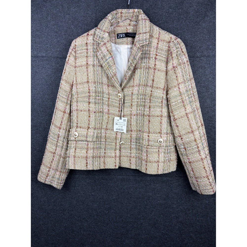 Zara Multicolor Tweed Plaid Gold Button Blazer XL NWT 2138/815/330